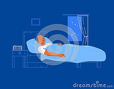 Young man sleeping in cozy bed with alarm clock on on night table. Vector Illustration